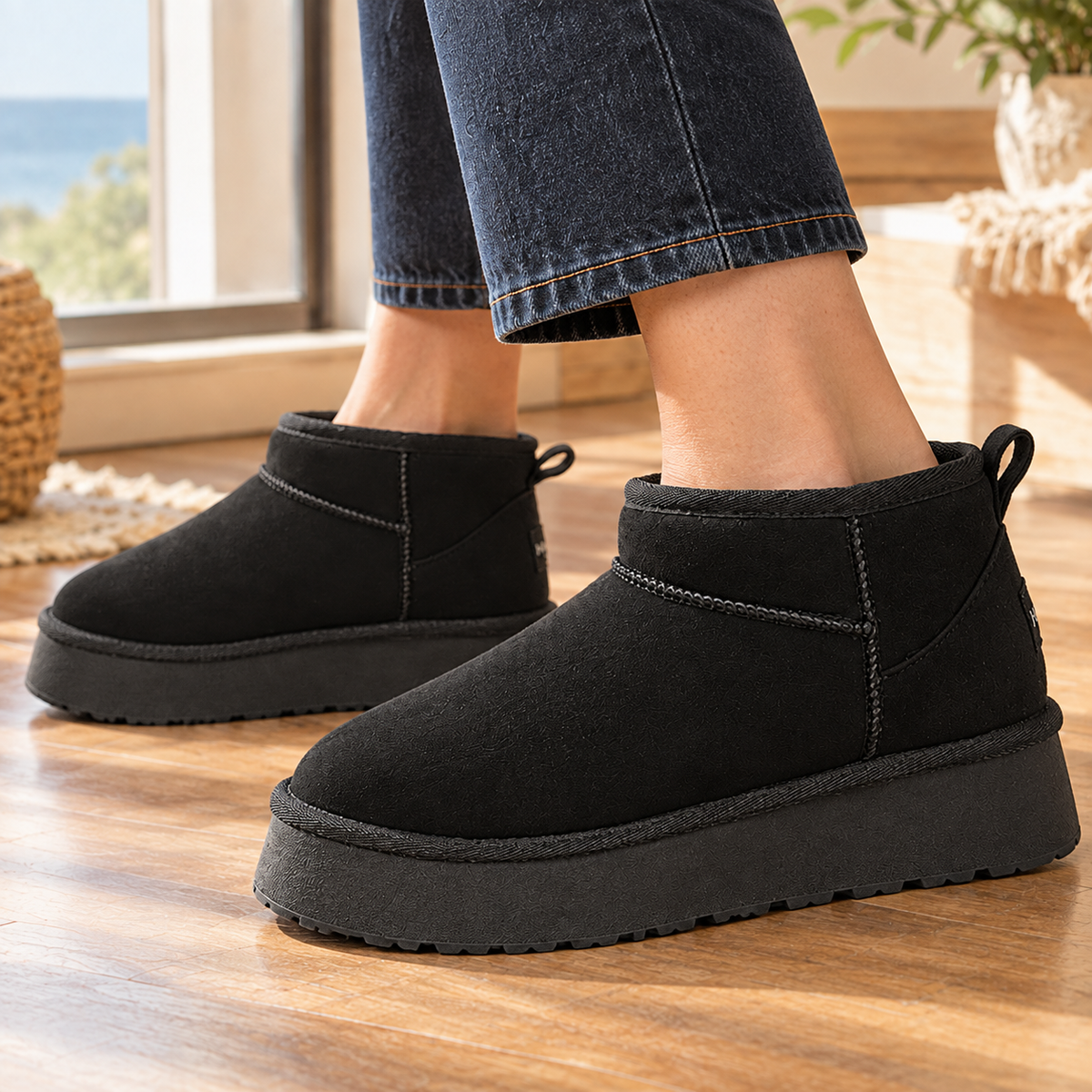 Person wearing black low ankle boots with a thick platform sole and rear pull tab, paired with dark cropped jeans on a wooden floor._1