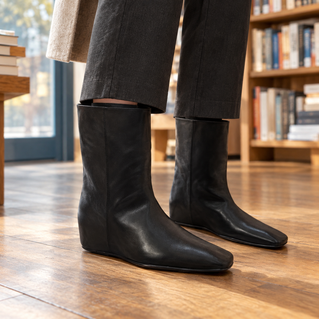 Black flat mid-calf leather-look boots with square toes worn with dark grey trousers on a wooden floor._0