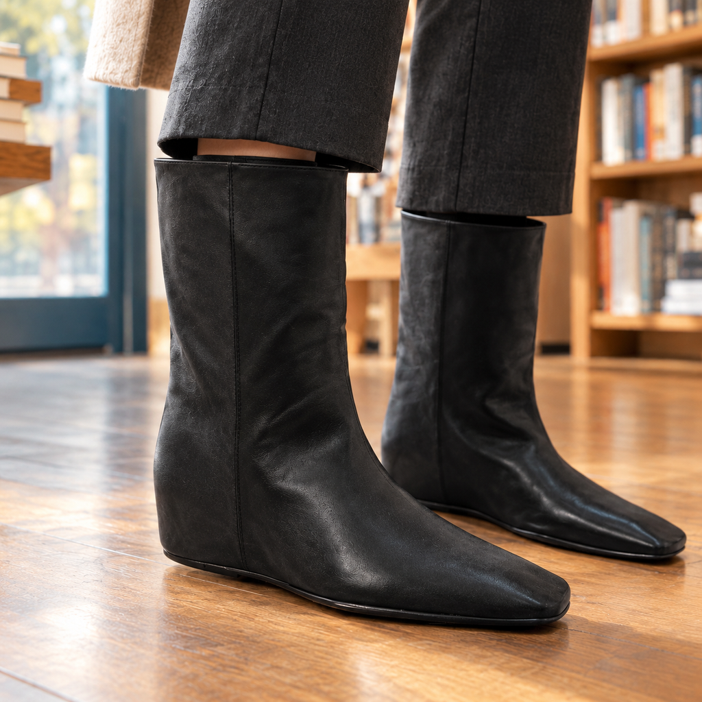 Black flat mid-calf leather-look boots with square toes worn with dark grey trousers on a wooden floor._1