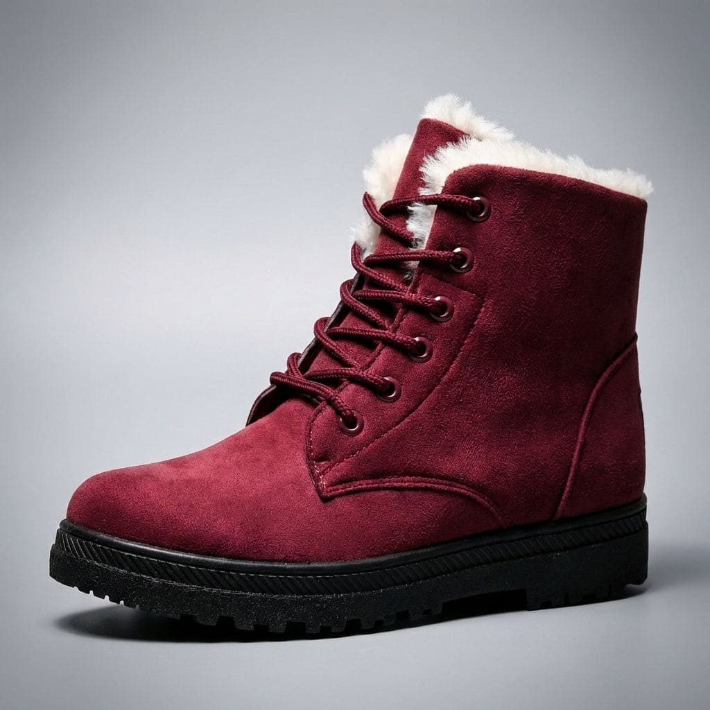Burgundy ankle boot with laces, cream fur lining at the collar and a black treaded sole._0