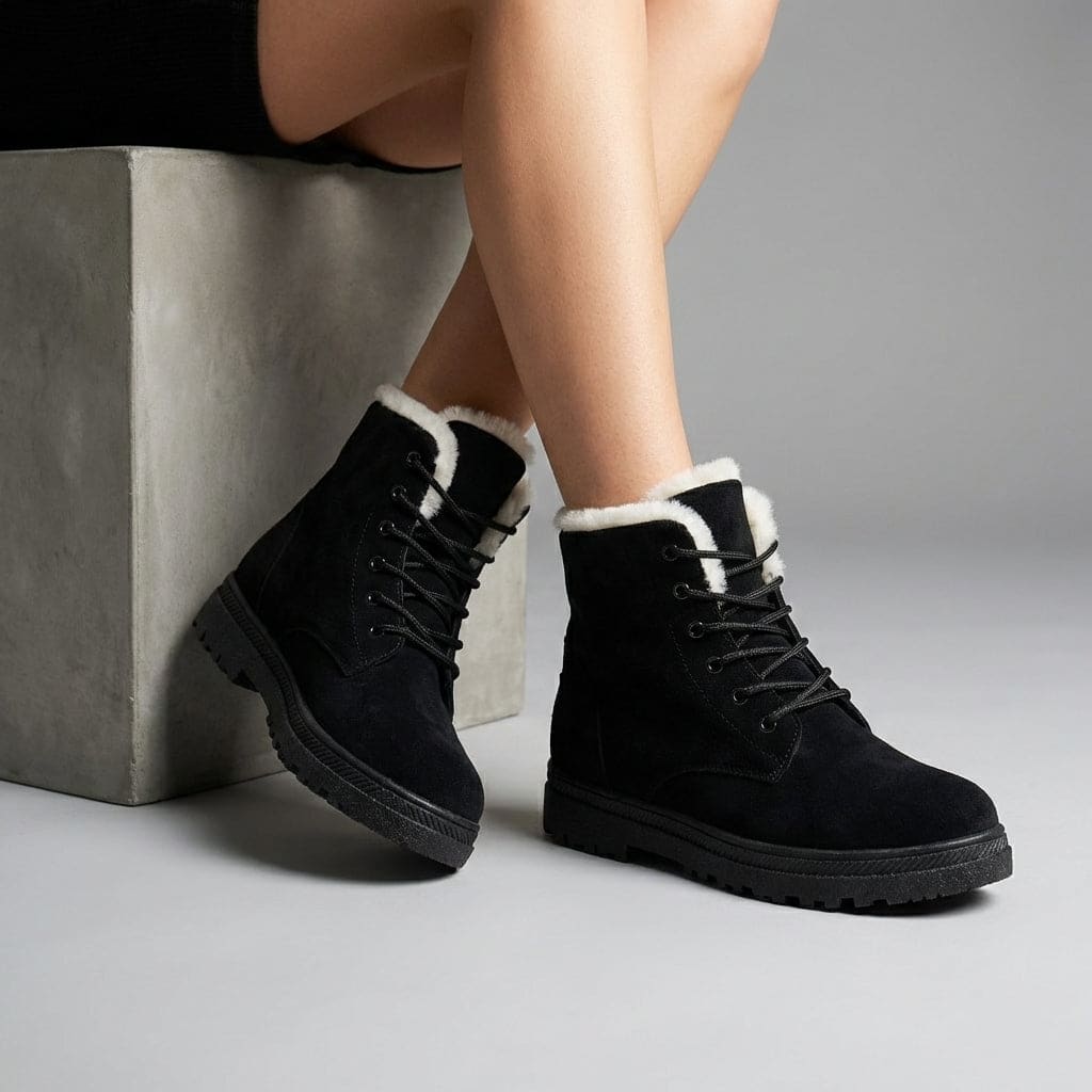 Burgundy ankle boot with laces, cream fur lining at the collar and a black treaded sole._10