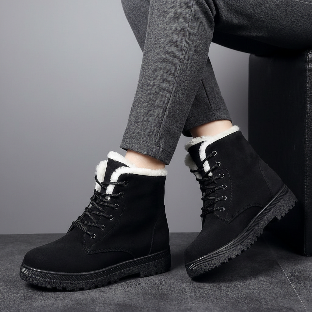Burgundy ankle boot with laces, cream fur lining at the collar and a black treaded sole._11