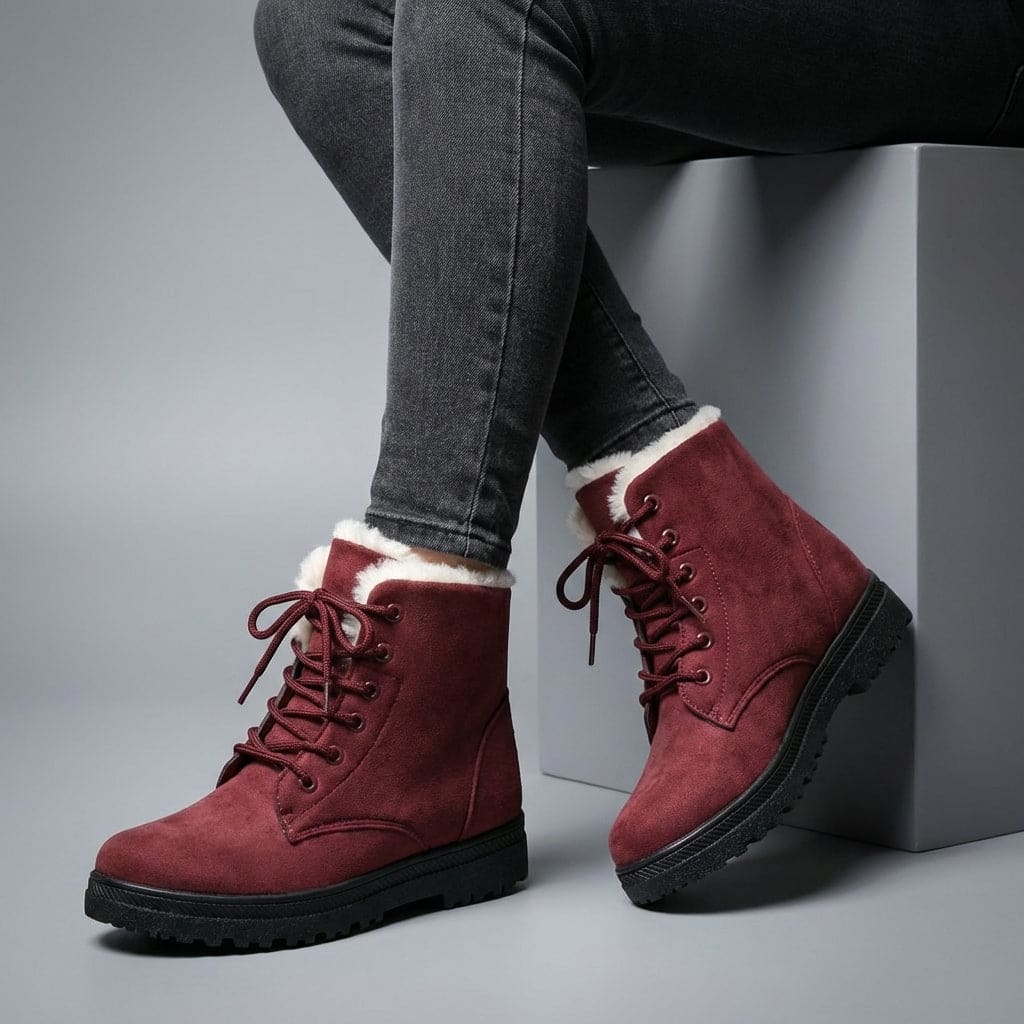 Burgundy ankle boot with laces, cream fur lining at the collar and a black treaded sole._12