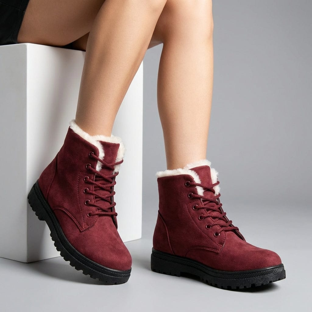Burgundy ankle boot with laces, cream fur lining at the collar and a black treaded sole._13