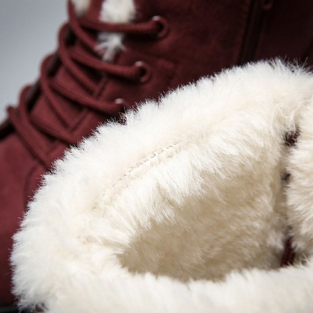 Burgundy ankle boot with laces, cream fur lining at the collar and a black treaded sole._14