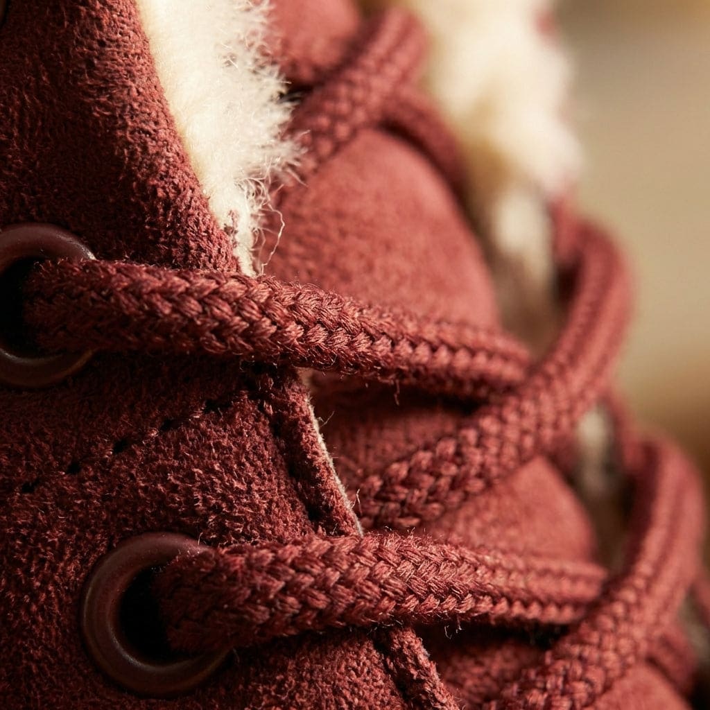 Burgundy ankle boot with laces, cream fur lining at the collar and a black treaded sole._15