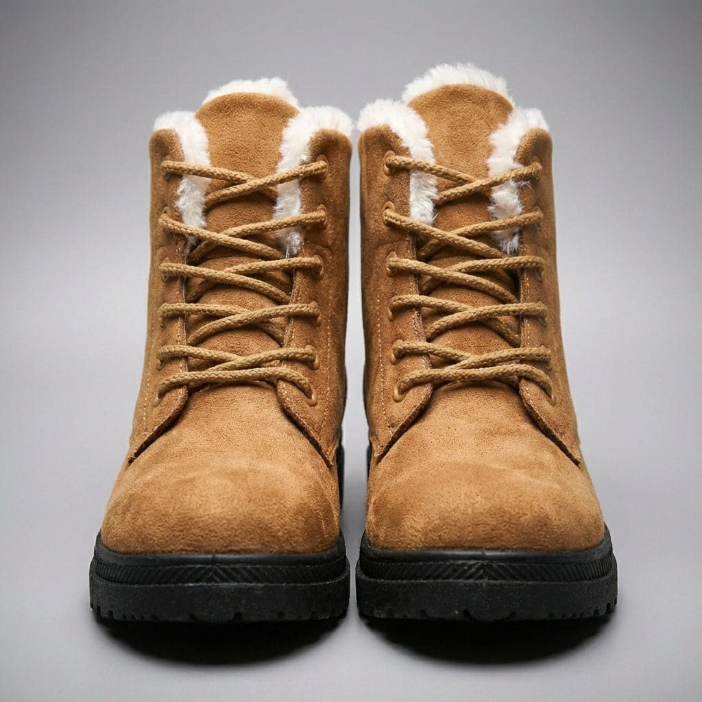 Burgundy ankle boot with laces, cream fur lining at the collar and a black treaded sole._5