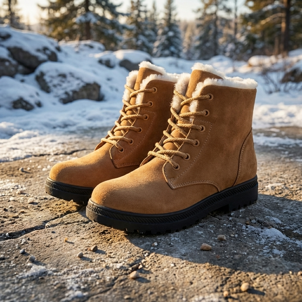 Burgundy ankle boot with laces, cream fur lining at the collar and a black treaded sole._6