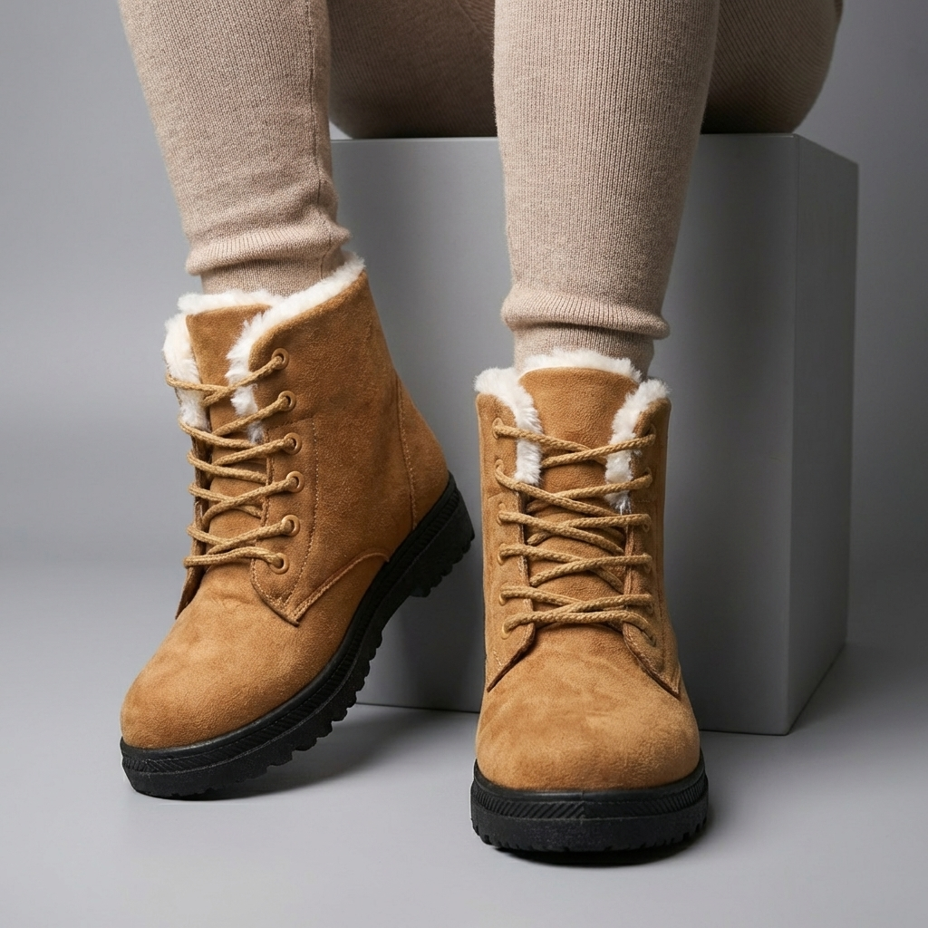 Burgundy ankle boot with laces, cream fur lining at the collar and a black treaded sole._8