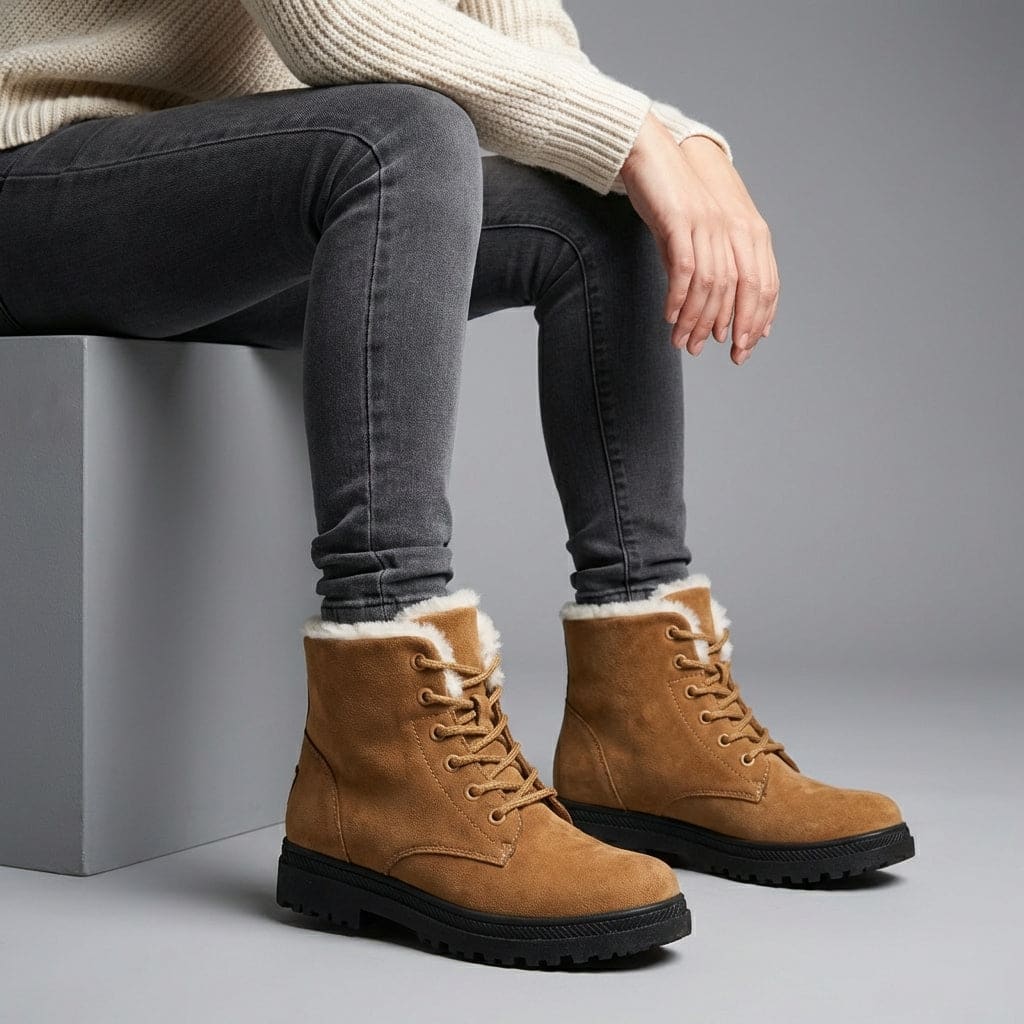 Burgundy ankle boot with laces, cream fur lining at the collar and a black treaded sole._9