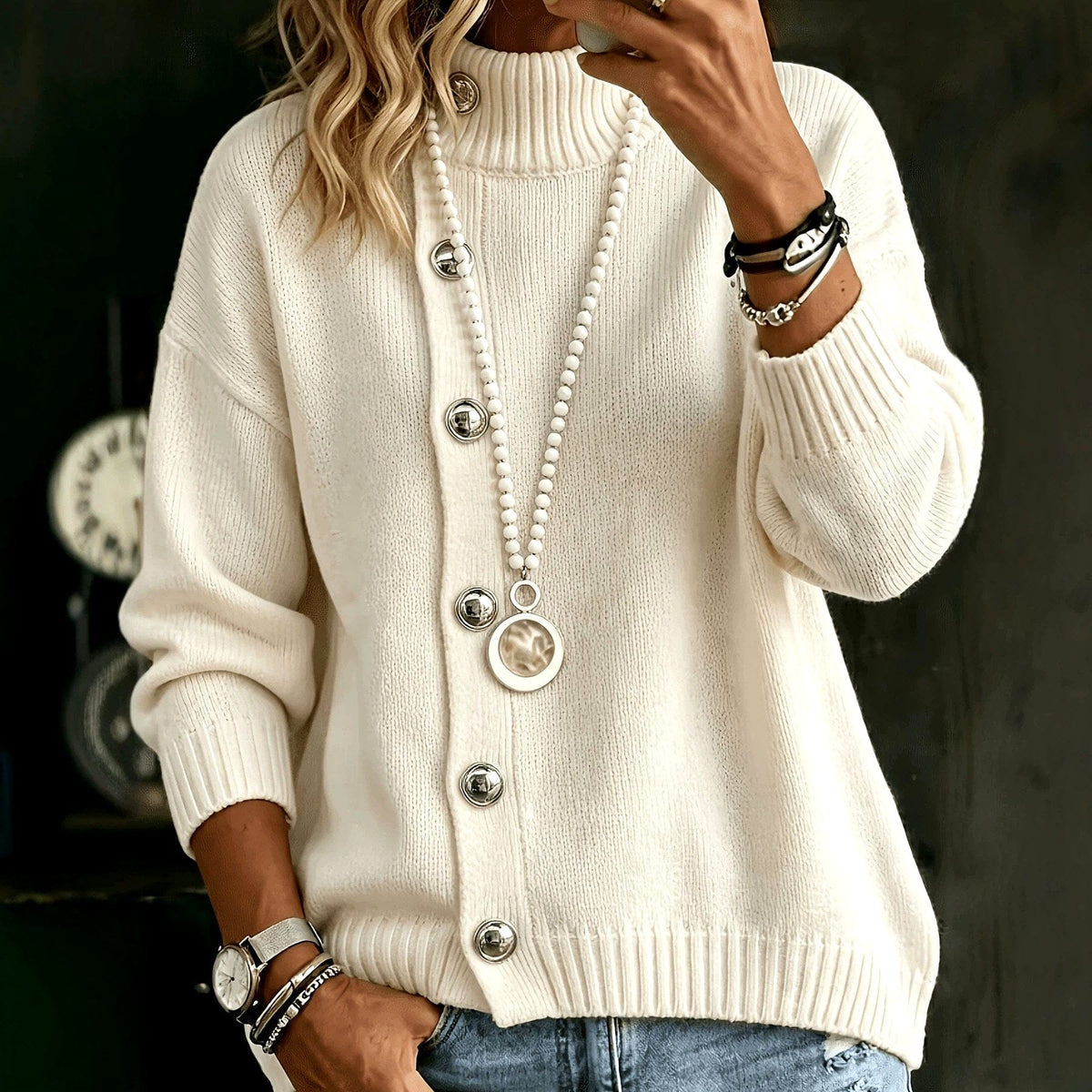 Woman wearing a cream mock neck knit sweater with silver domed buttons down the front, ribbed cuffs and hem, styled with blue jeans and a long beaded necklace._0