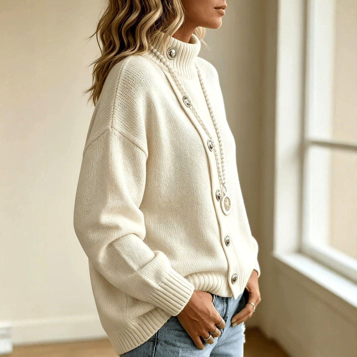 Woman wearing a cream mock neck knit sweater with silver domed buttons down the front, ribbed cuffs and hem, styled with blue jeans and a long beaded necklace._1