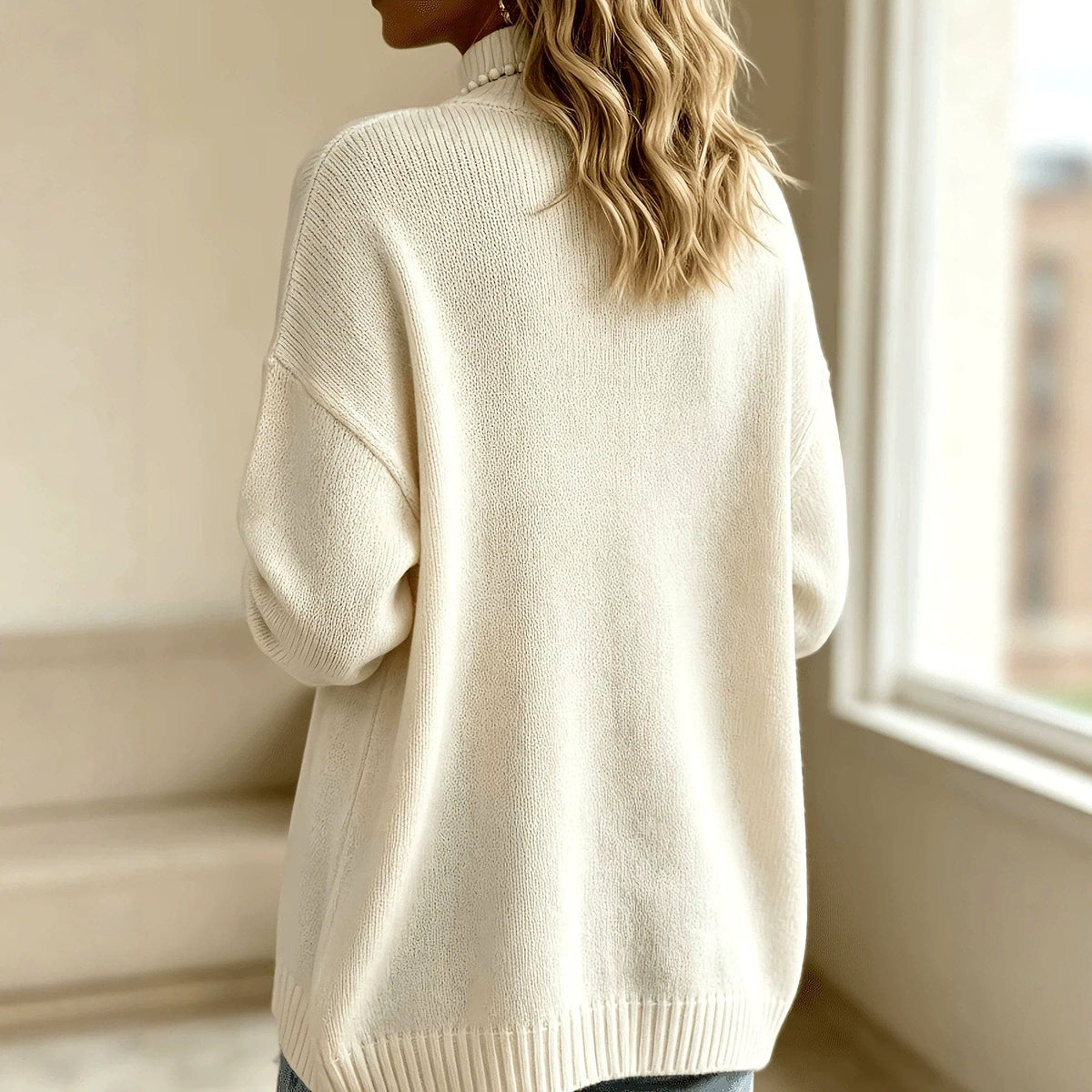 Woman wearing a cream mock neck knit sweater with silver domed buttons down the front, ribbed cuffs and hem, styled with blue jeans and a long beaded necklace._2