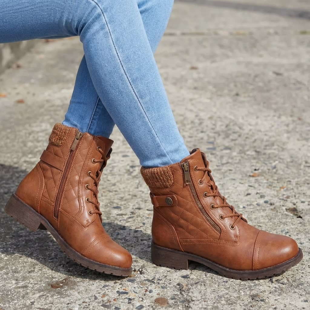 Pair of tan lace-up ankle boots with quilted panels, knit collars, side zips, and low block heels worn with light blue jeans on pavement._1