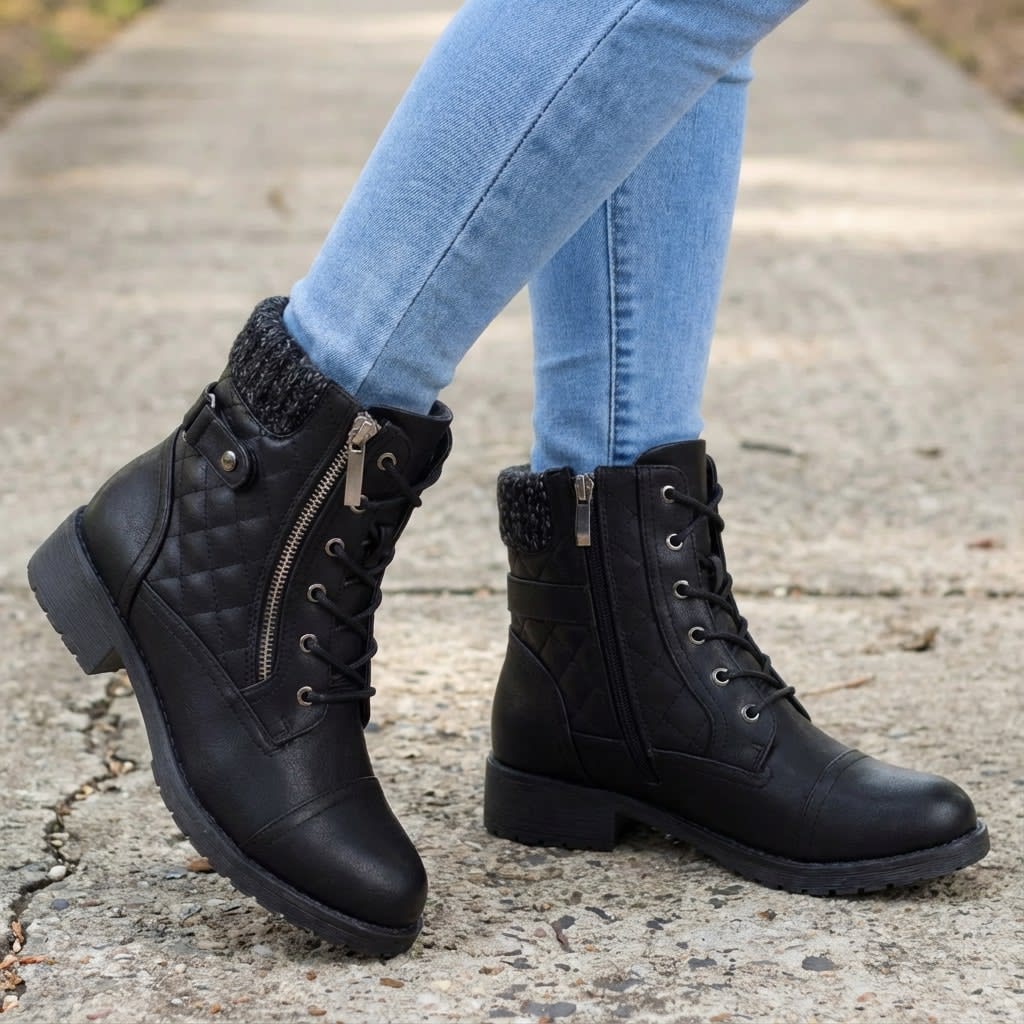 Kate | Women's tan lace-up quilted ankle boots with knit collar and side zip