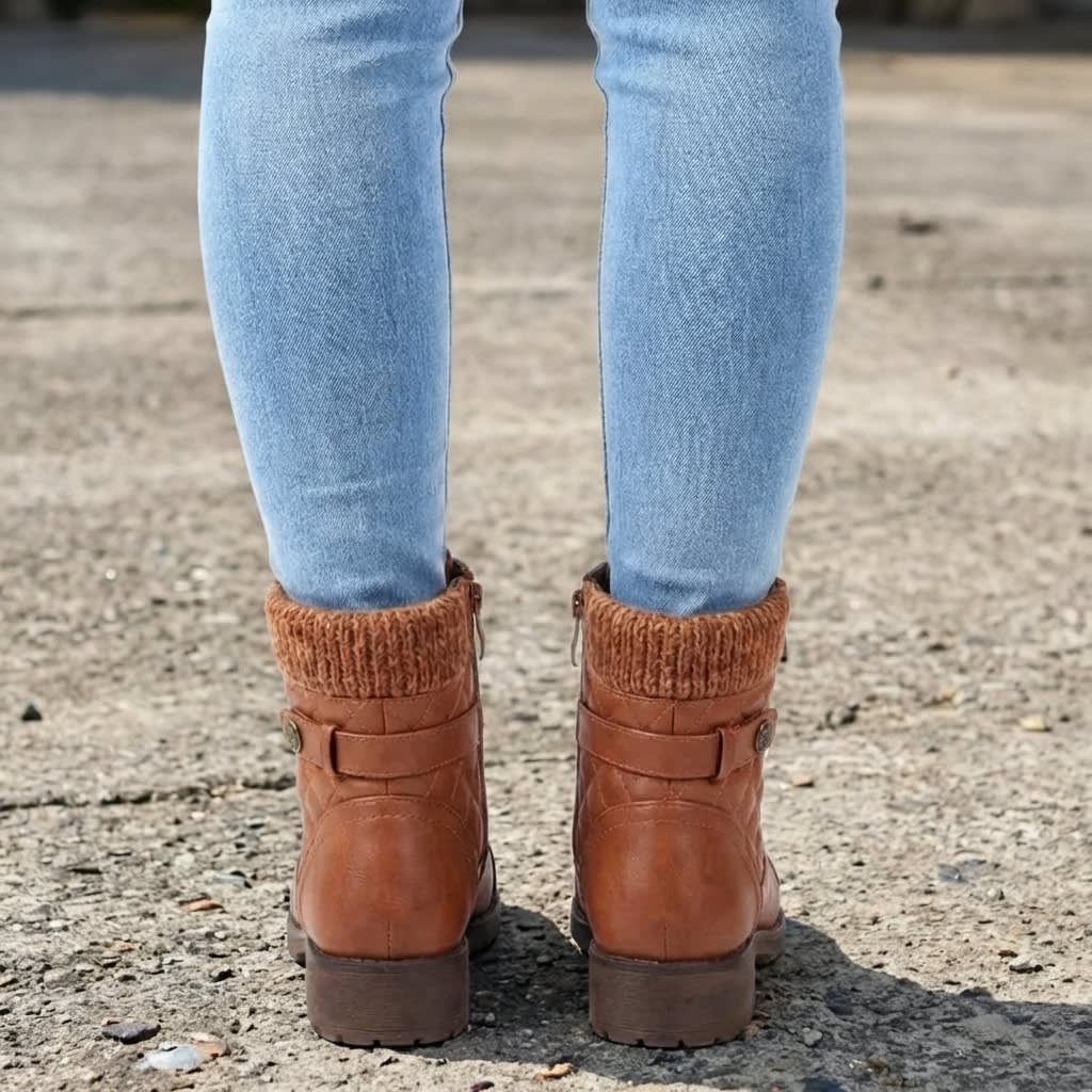 Pair of tan lace-up ankle boots with quilted panels, knit collars, side zips, and low block heels worn with light blue jeans on pavement._2