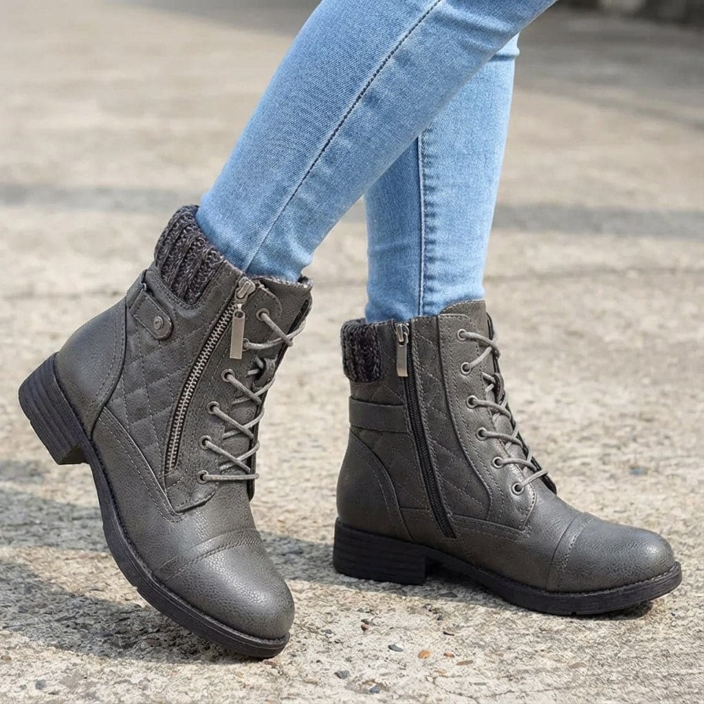 Kate | Women's tan lace-up quilted ankle boots with knit collar and side zip