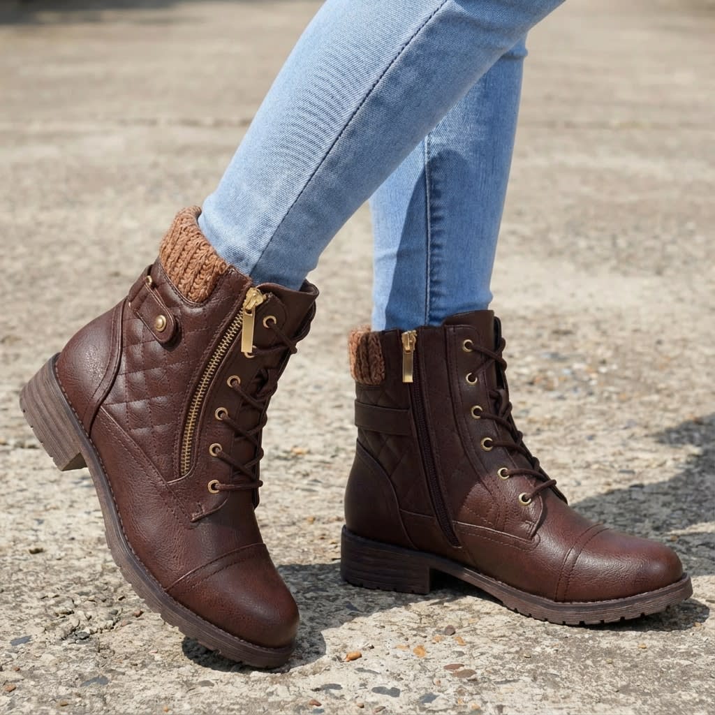 Kate | Women's tan lace-up quilted ankle boots with knit collar and side zip