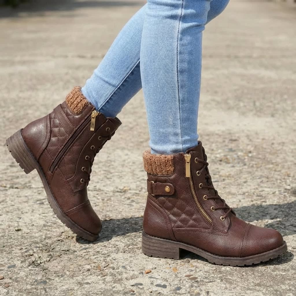 Pair of tan lace-up ankle boots with quilted panels, knit collars, side zips, and low block heels worn with light blue jeans on pavement._8