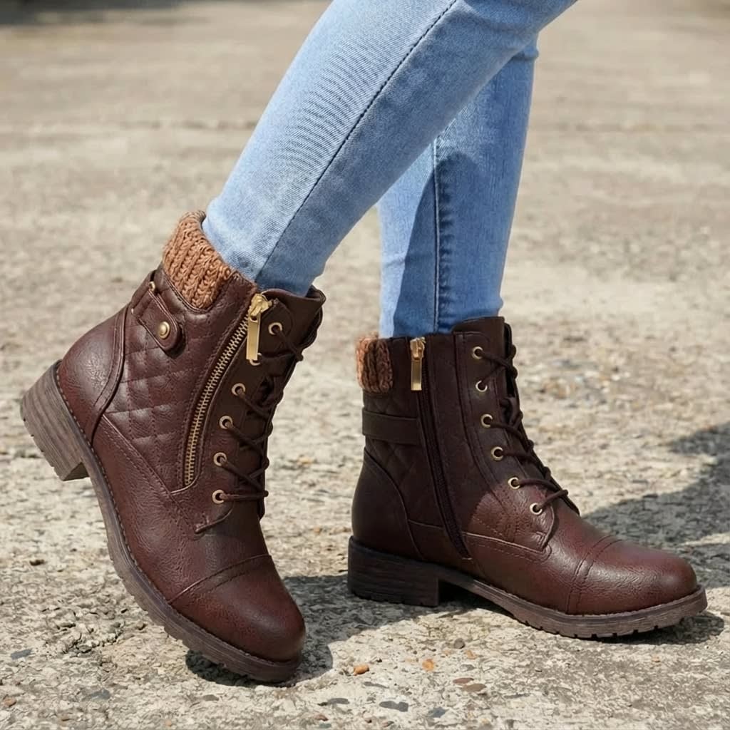 Pair of tan lace-up ankle boots with quilted panels, knit collars, side zips, and low block heels worn with light blue jeans on pavement._9
