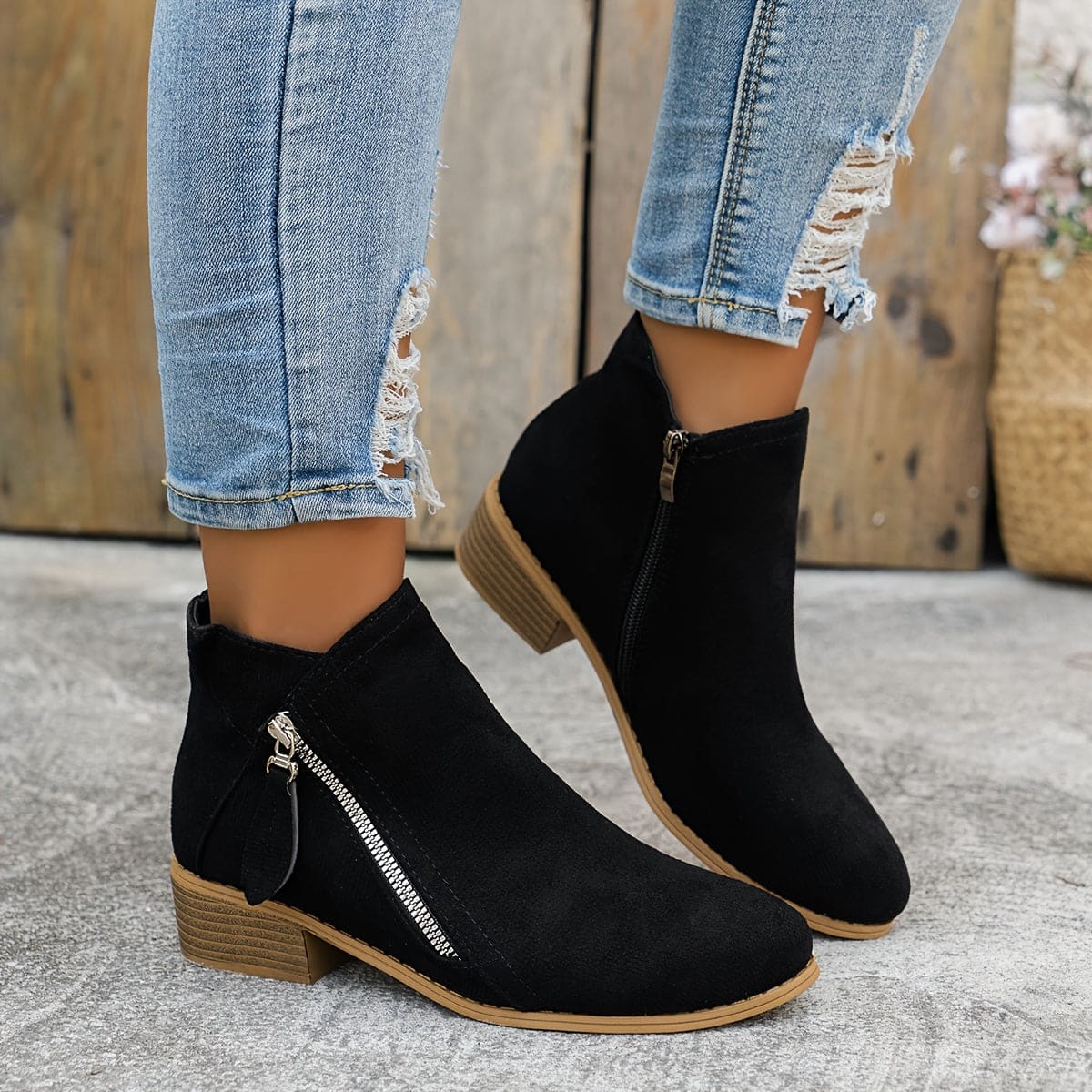 Freya | Ankle Boots with Side Zip and Stacked Block Heel