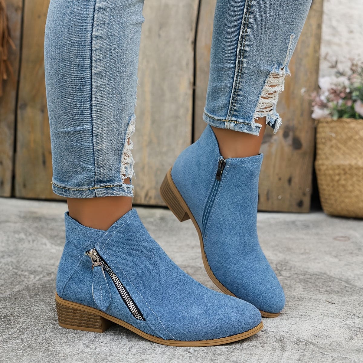 Freya | Ankle Boots with Side Zip and Stacked Block Heel
