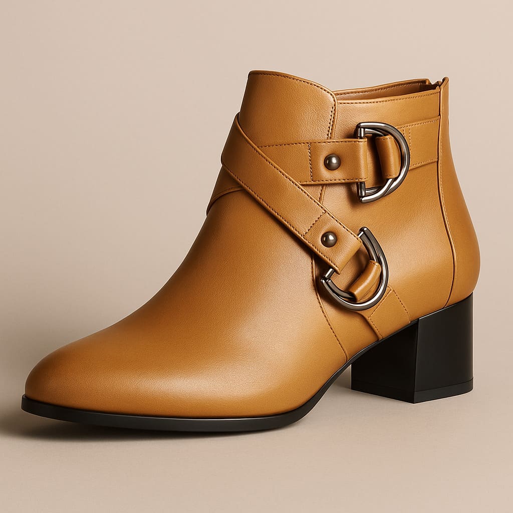 Tan ankle boot with double buckle straps across the front and a chunky block heel, shown from the side against a neutral background._0