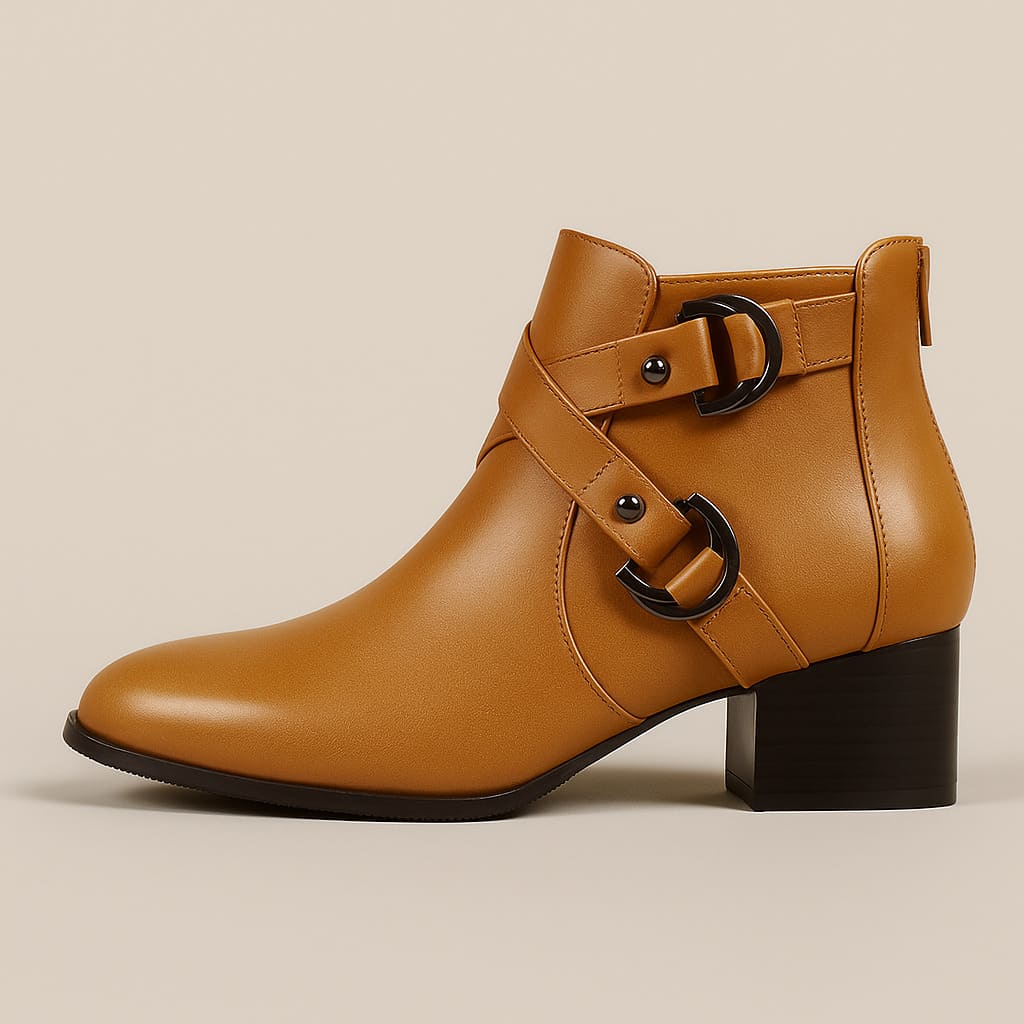 Tan ankle boot with double buckle straps across the front and a chunky block heel, shown from the side against a neutral background._1