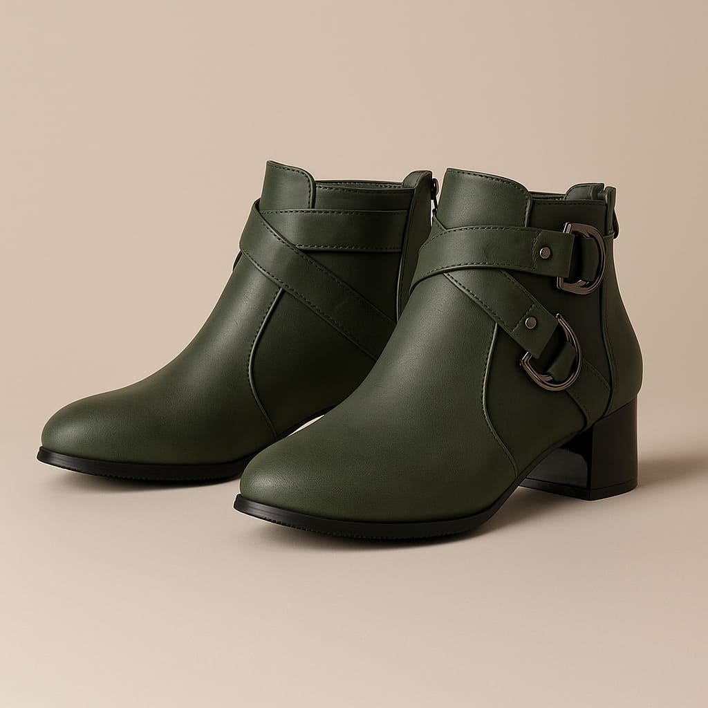 Tan ankle boot with double buckle straps across the front and a chunky block heel, shown from the side against a neutral background._10