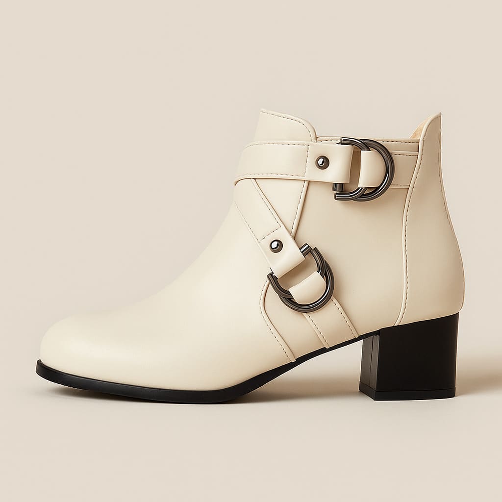 Tan ankle boot with double buckle straps across the front and a chunky block heel, shown from the side against a neutral background._13
