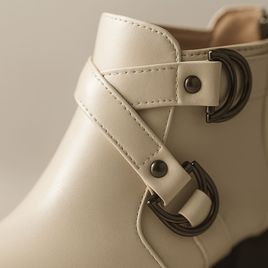Tan ankle boot with double buckle straps across the front and a chunky block heel, shown from the side against a neutral background._14