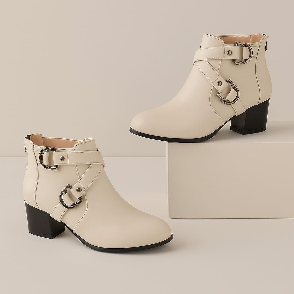Tan ankle boot with double buckle straps across the front and a chunky block heel, shown from the side against a neutral background._15