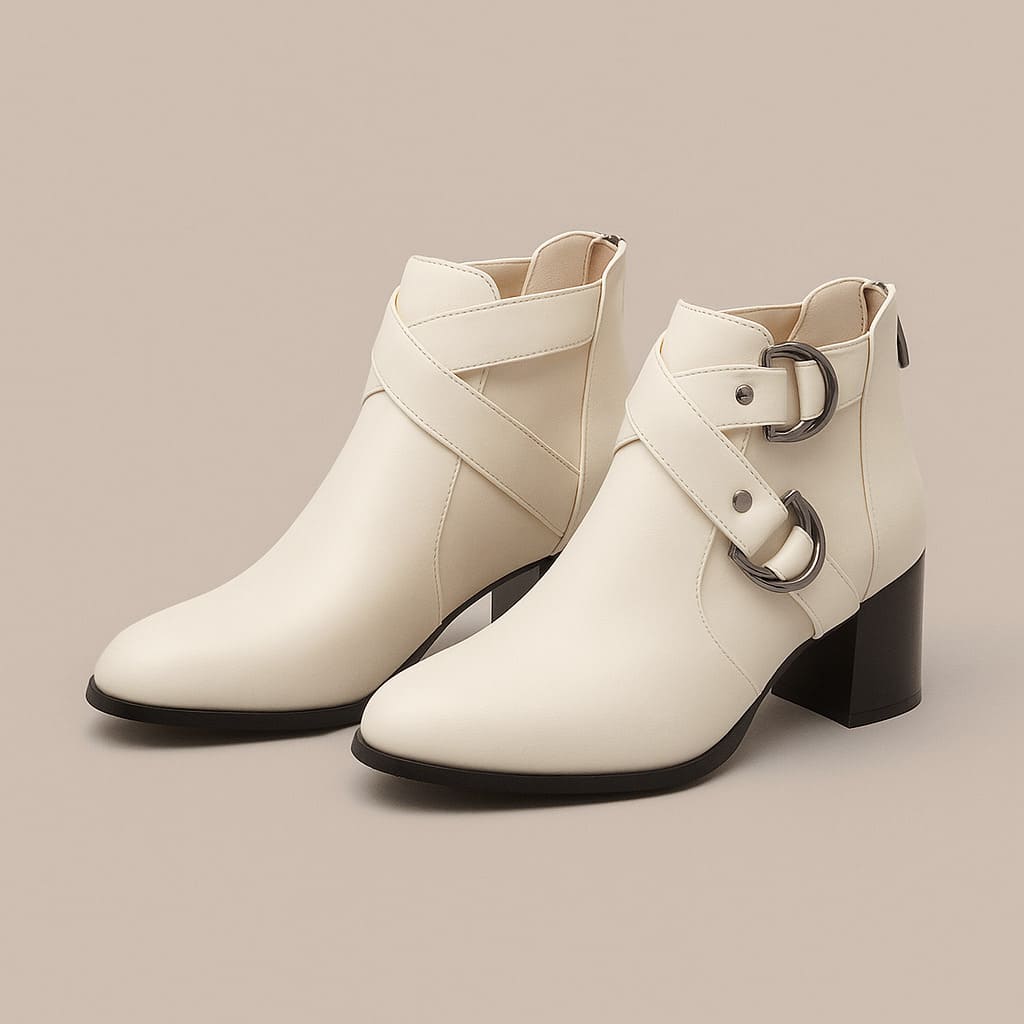 Tan ankle boot with double buckle straps across the front and a chunky block heel, shown from the side against a neutral background._16