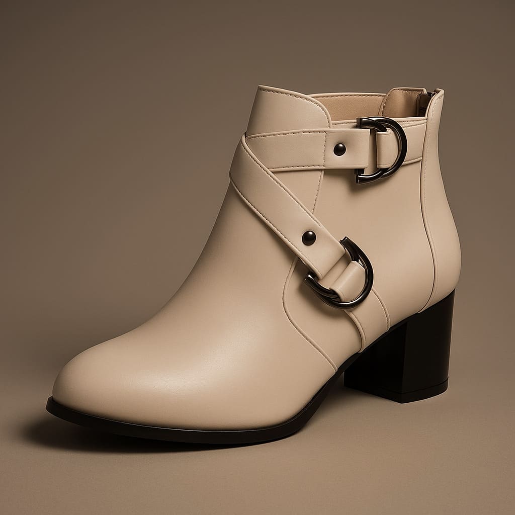 Tan ankle boot with double buckle straps across the front and a chunky block heel, shown from the side against a neutral background._17