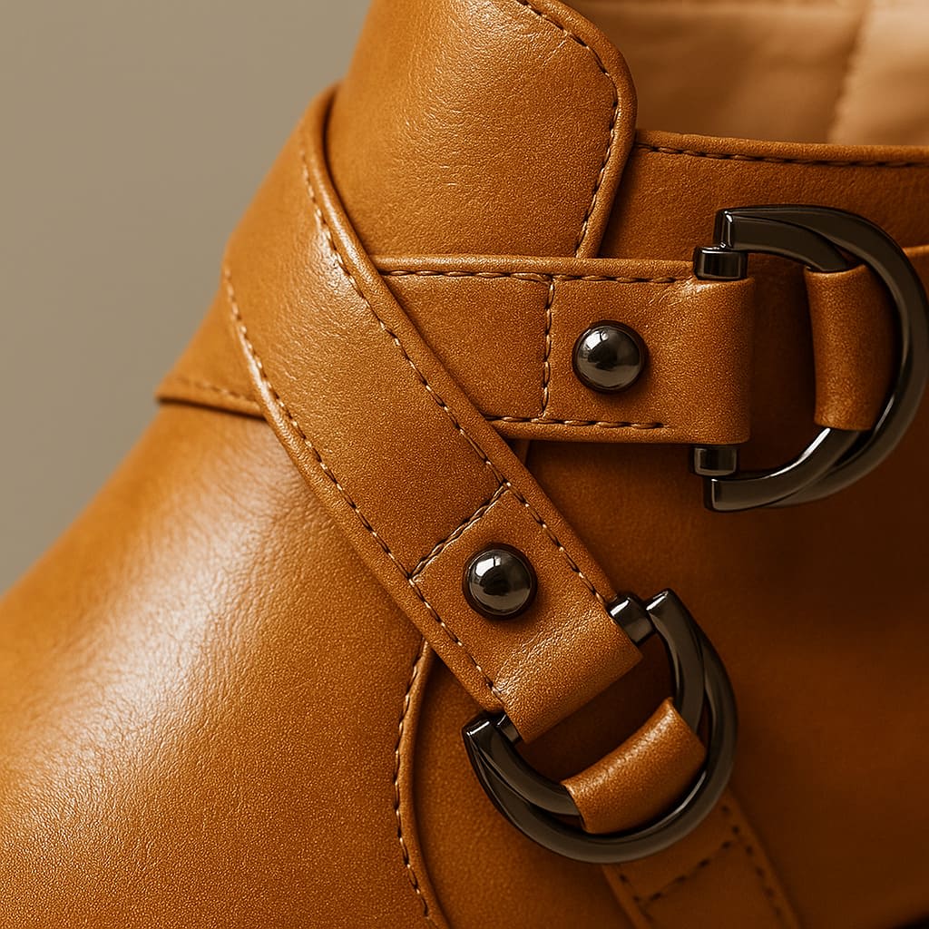 Tan ankle boot with double buckle straps across the front and a chunky block heel, shown from the side against a neutral background._2