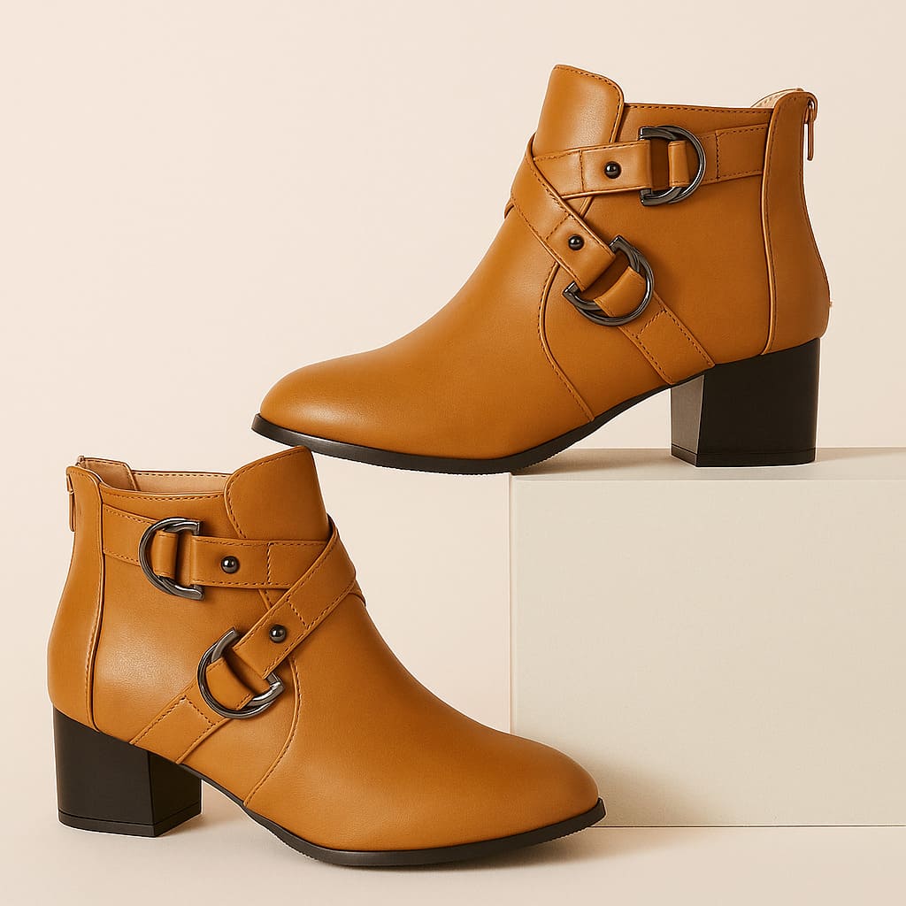 Tan ankle boot with double buckle straps across the front and a chunky block heel, shown from the side against a neutral background._3
