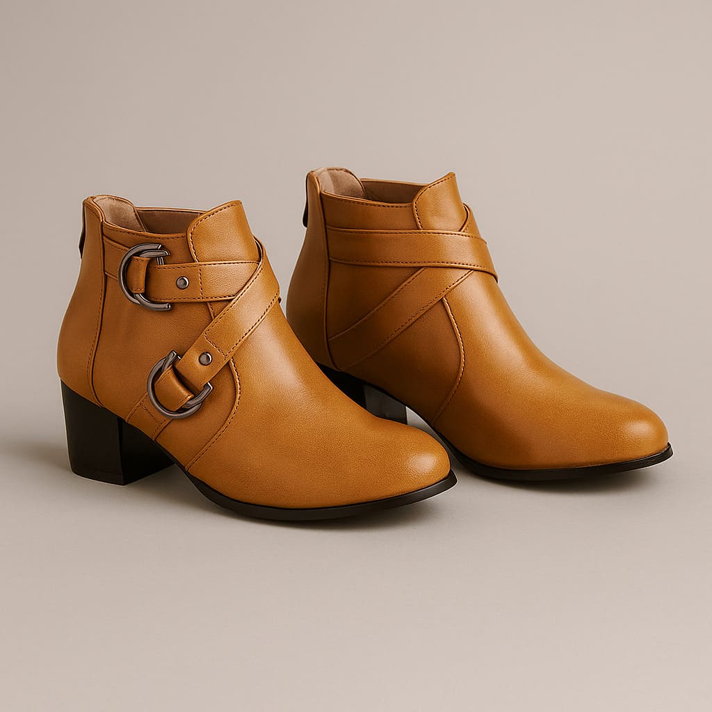Tan ankle boot with double buckle straps across the front and a chunky block heel, shown from the side against a neutral background._4