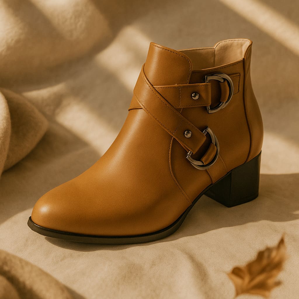Tan ankle boot with double buckle straps across the front and a chunky block heel, shown from the side against a neutral background._5
