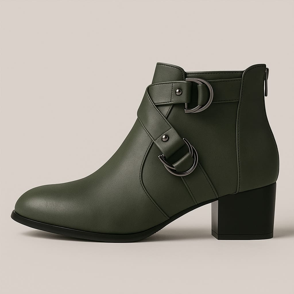 Tan ankle boot with double buckle straps across the front and a chunky block heel, shown from the side against a neutral background._7