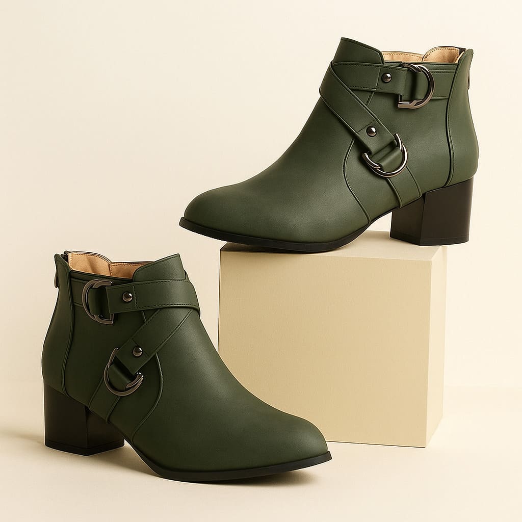 Tan ankle boot with double buckle straps across the front and a chunky block heel, shown from the side against a neutral background._9