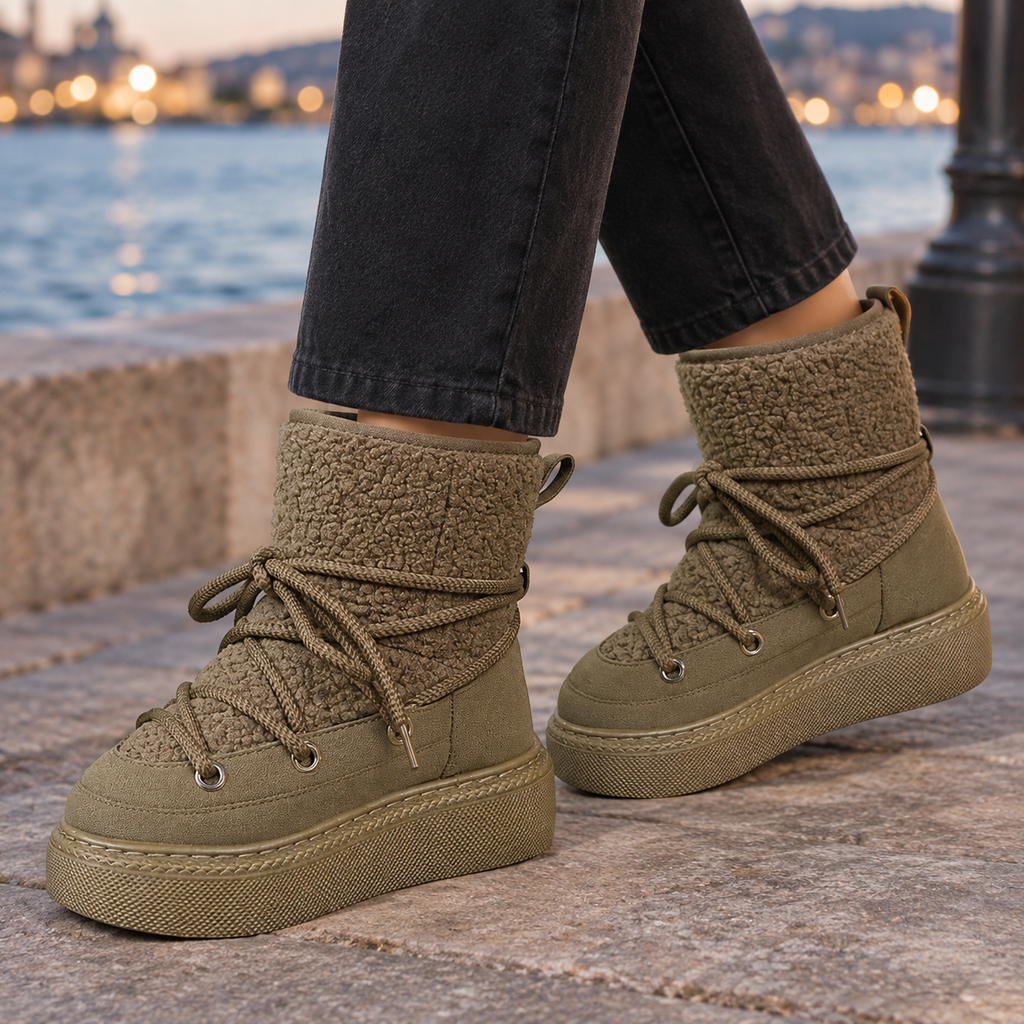 Khaki lace-up ankle boots with textured teddy shafts, metal eyelets and thick treaded platform soles, worn with dark grey jeans on a stone waterfront._0