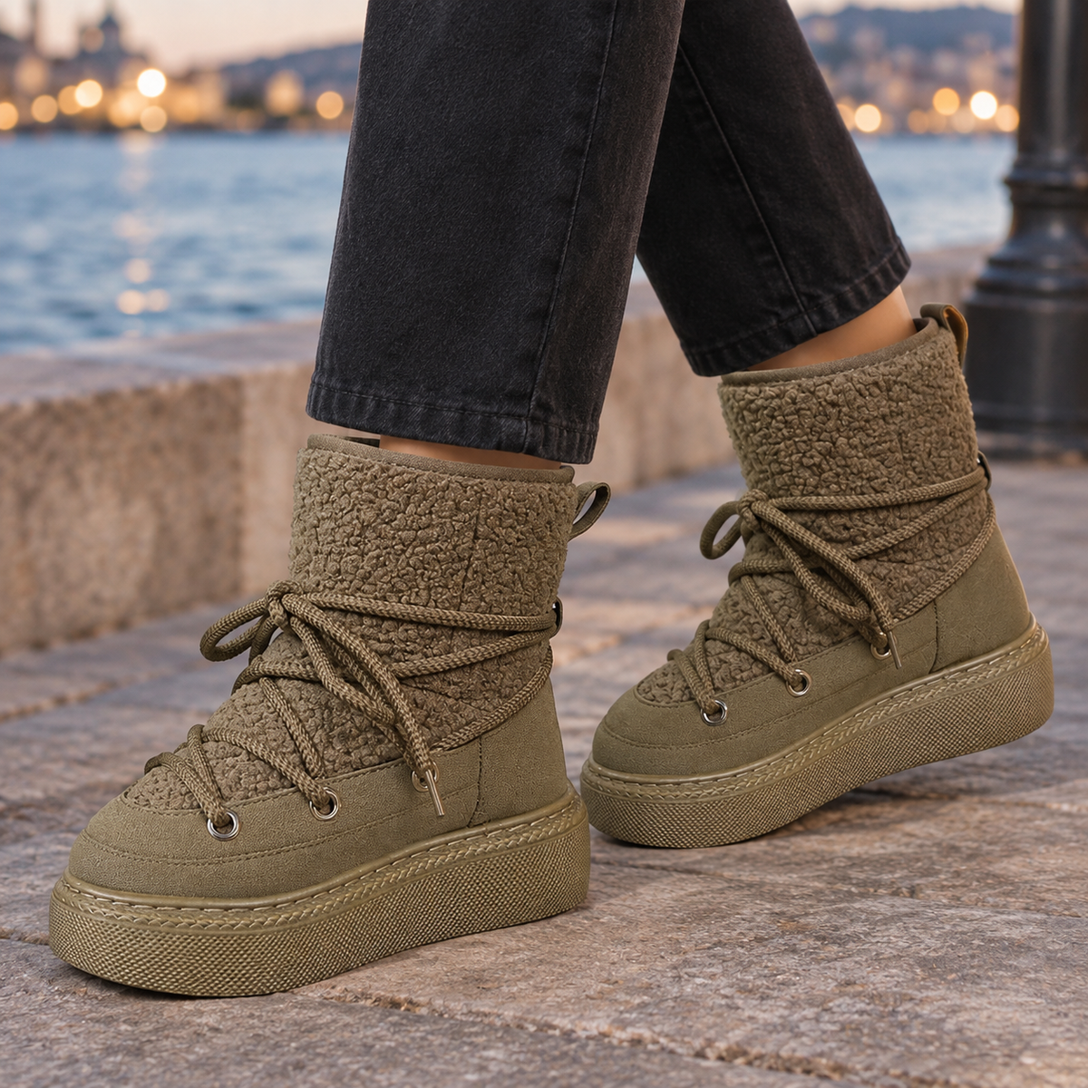 Khaki lace-up ankle boots with textured teddy shafts, metal eyelets and thick treaded platform soles, worn with dark grey jeans on a stone waterfront._0