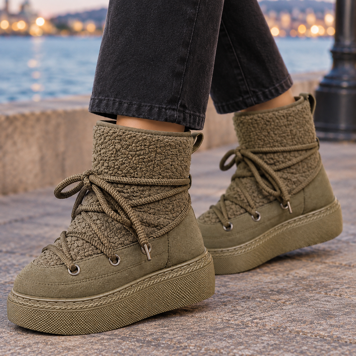 Khaki lace-up ankle boots with textured teddy shafts, metal eyelets and thick treaded platform soles, worn with dark grey jeans on a stone waterfront._1