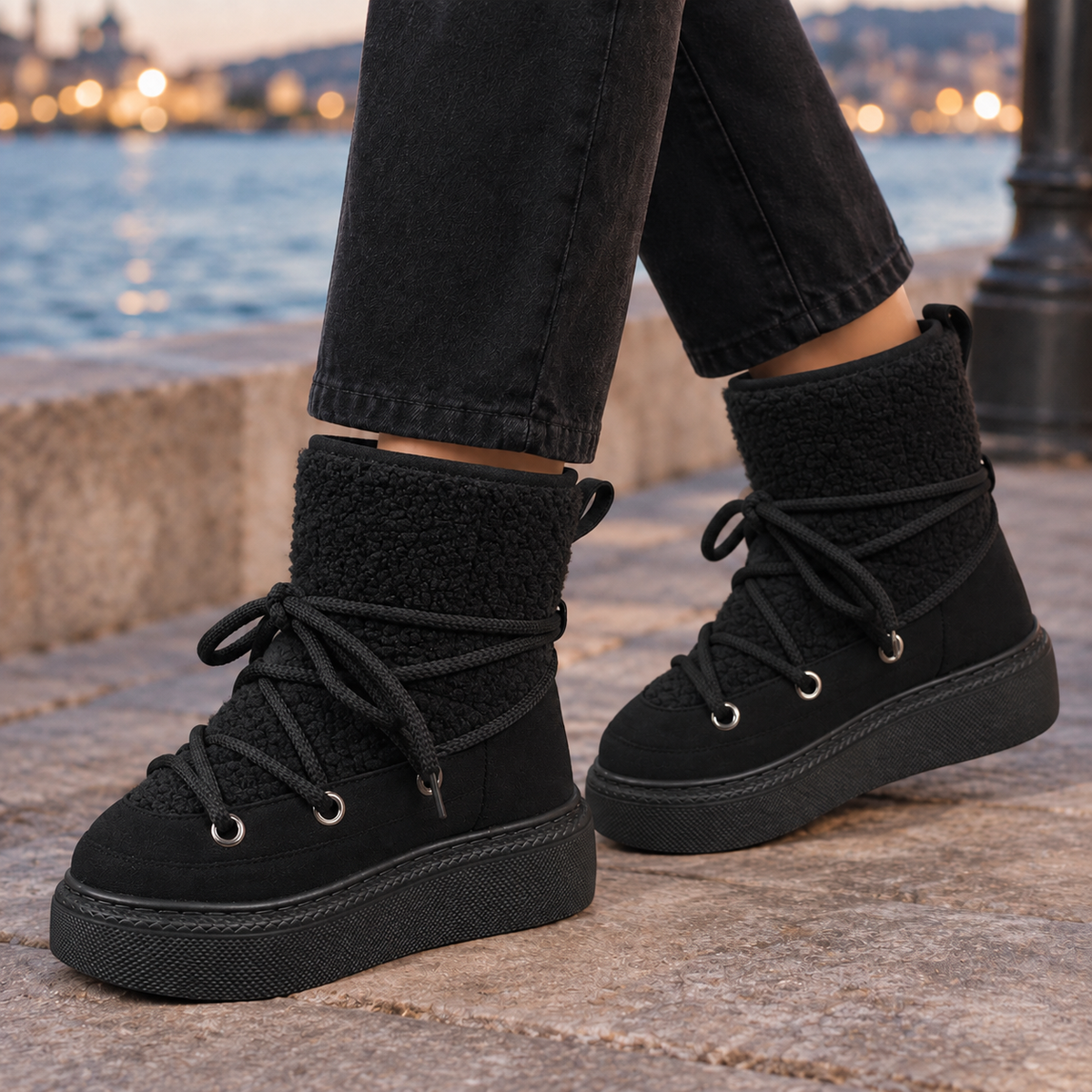 Poppy | Khaki teddy lace-up platform ankle boots for women
