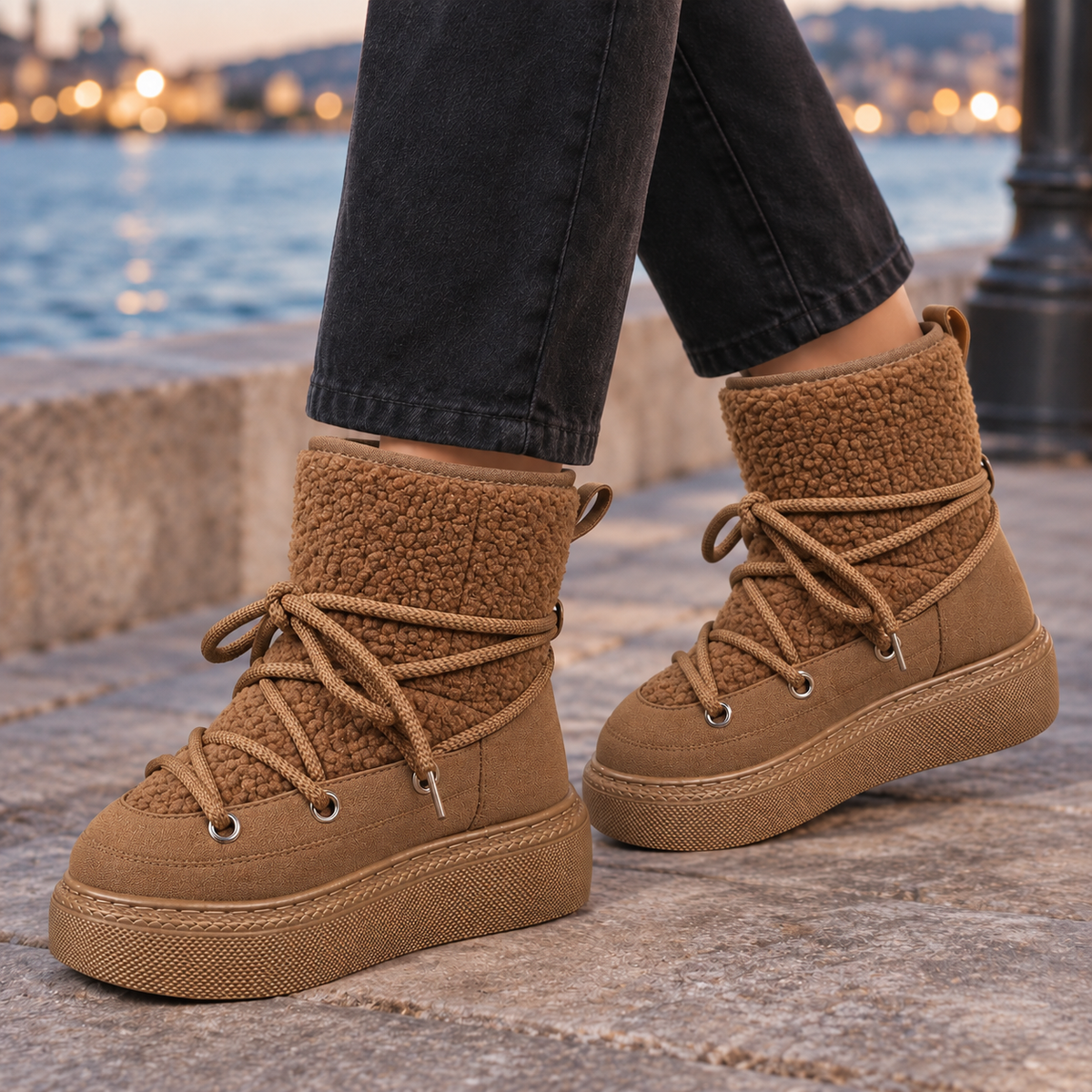 Poppy | Khaki teddy lace-up platform ankle boots for women