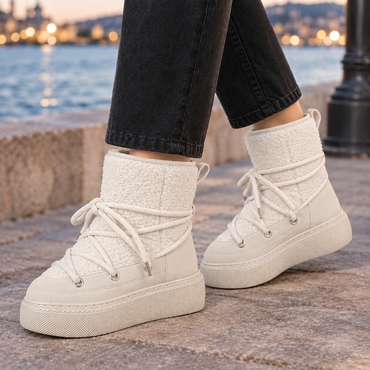 Poppy | Khaki teddy lace-up platform ankle boots for women