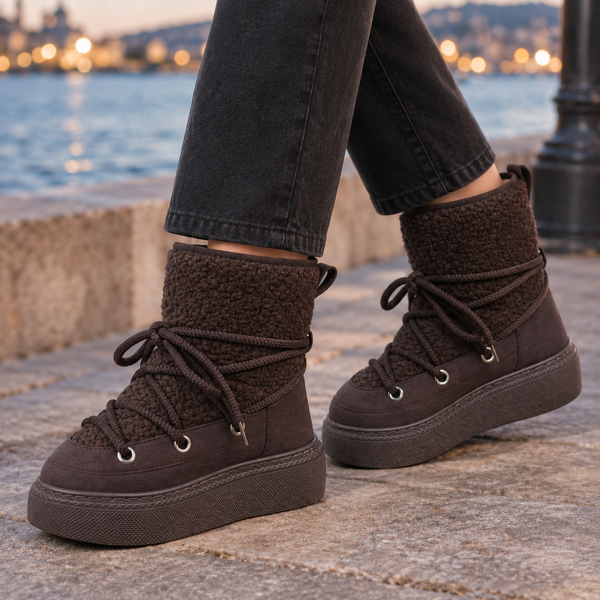 Poppy | Khaki teddy lace-up platform ankle boots for women