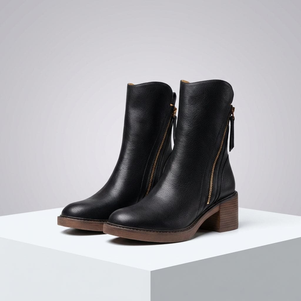 Pair of black mid-calf boots with gold side zips, brown stacked block heels and rounded toes on a white plinth._0