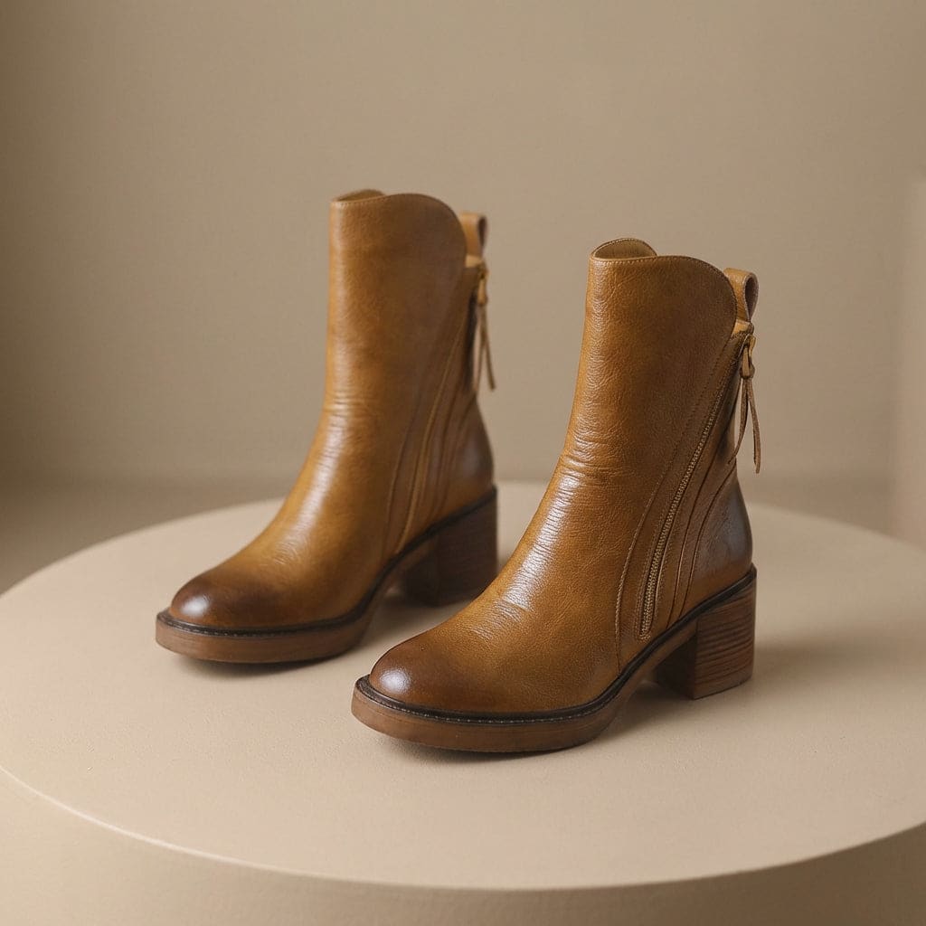 Pair of black mid-calf boots with gold side zips, brown stacked block heels and rounded toes on a white plinth._1