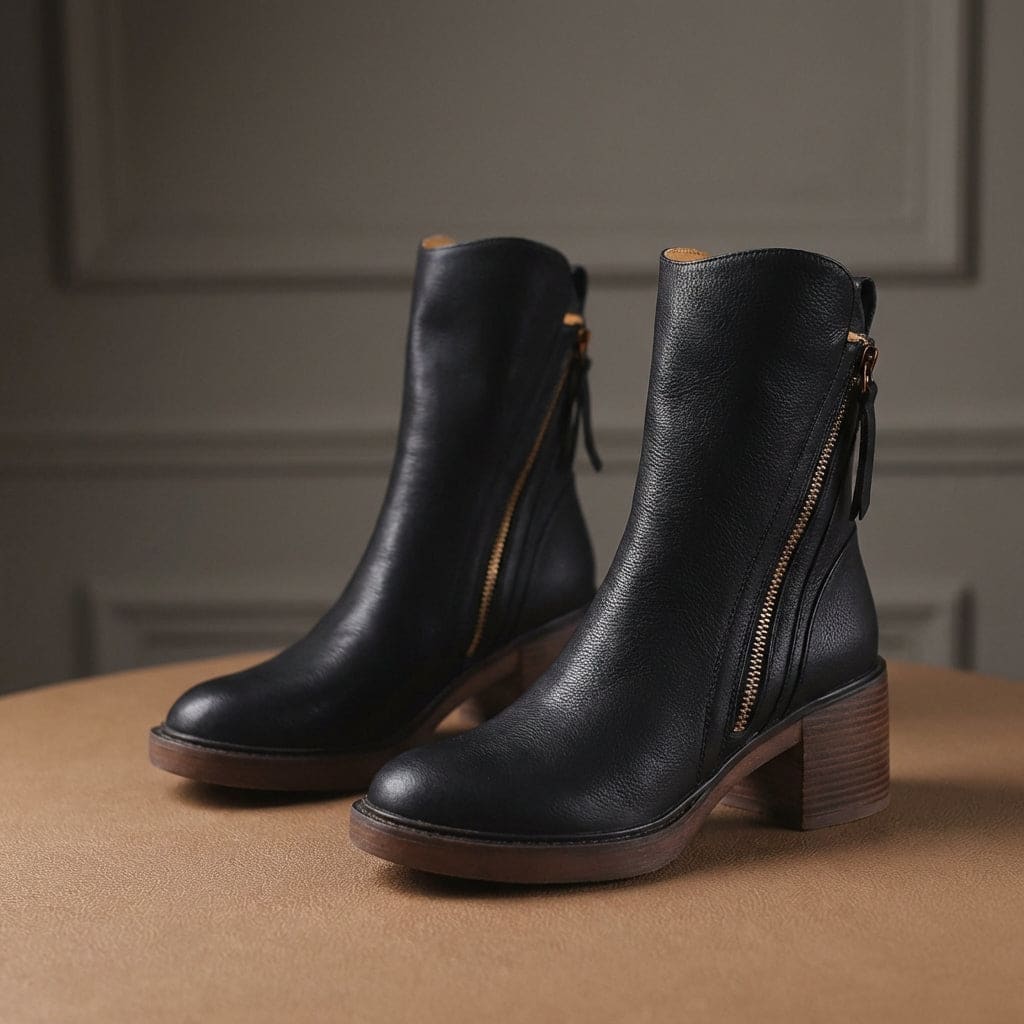Pair of black mid-calf boots with gold side zips, brown stacked block heels and rounded toes on a white plinth._10